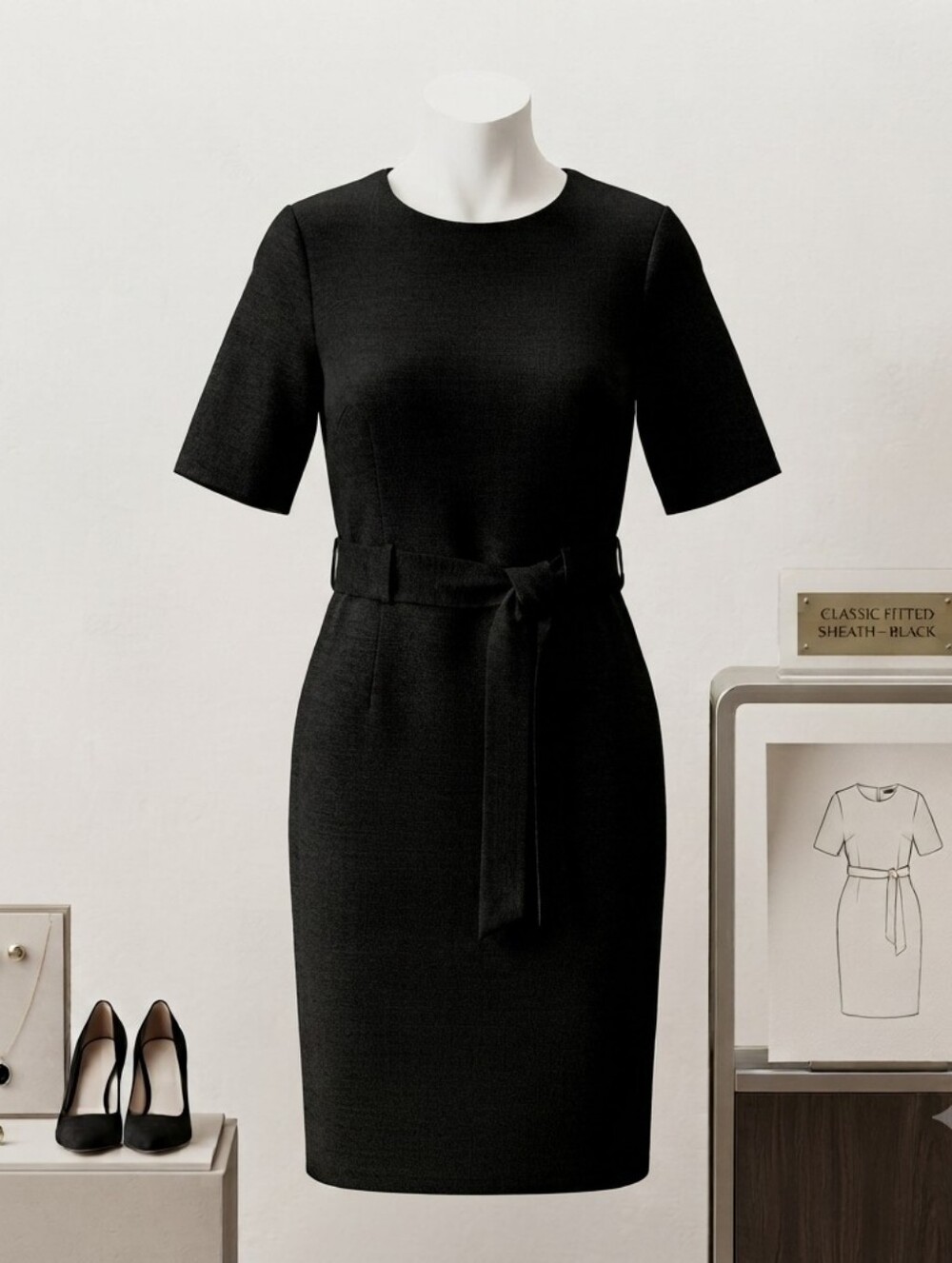 Classic Black Sheath Dress with Belt
